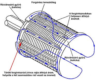In-Betrieb Elektromotordiagnose - Ströme durch den Rotor eines asynchronen Elektromotors bei Stabbruch (Quelle: J. E. Berry: Predictive Maintenance and Vibration Signature Analysis III)