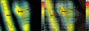 6. ábra: nagyon rossz fókuszálású (vagy akár elégtelen geometriai felbontású) hőkép (balra) helytelen feljavítása kompozit megjelenítéssel, illetve „fúzió” alkalmazásával, max. 301 °C (jobbra) (forrás: PIM)