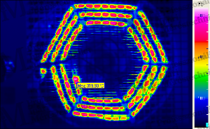 hősugárzó felvétele 1m távolságból 1,5 mrad felbontással (maximum érték: 320°C)