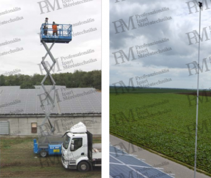 balra: szolármodulok felmérése mobilemelővel (forrás: HaWe Engineering GmbH); jobbra: hosszú teleszkóp alkalmazása (forrás: Photovoltaik Aachen Andreas Fladung)
